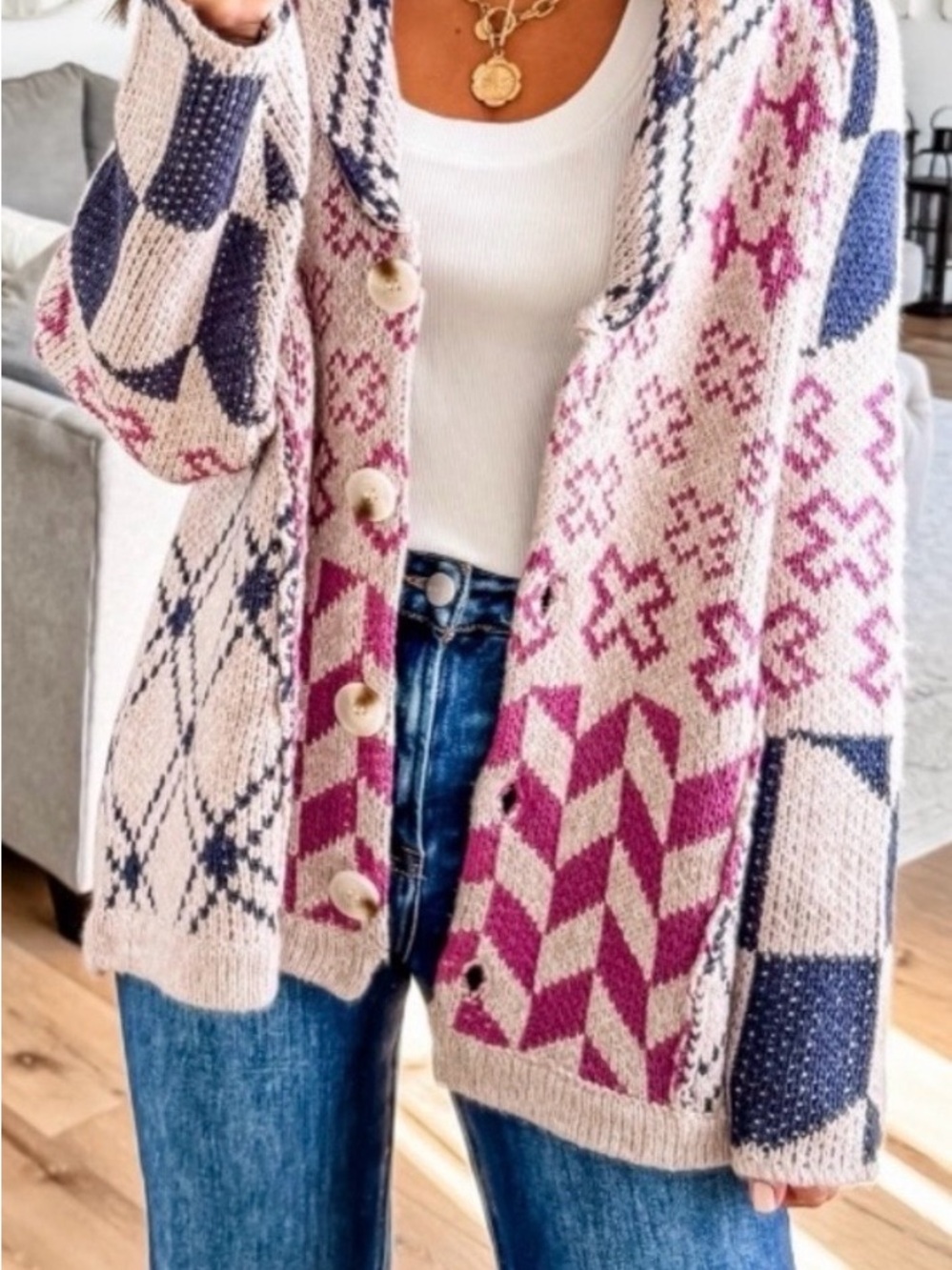 Hem & Thread Patterned Button-Up Shawl Collar Cardigan Sweater - NWT